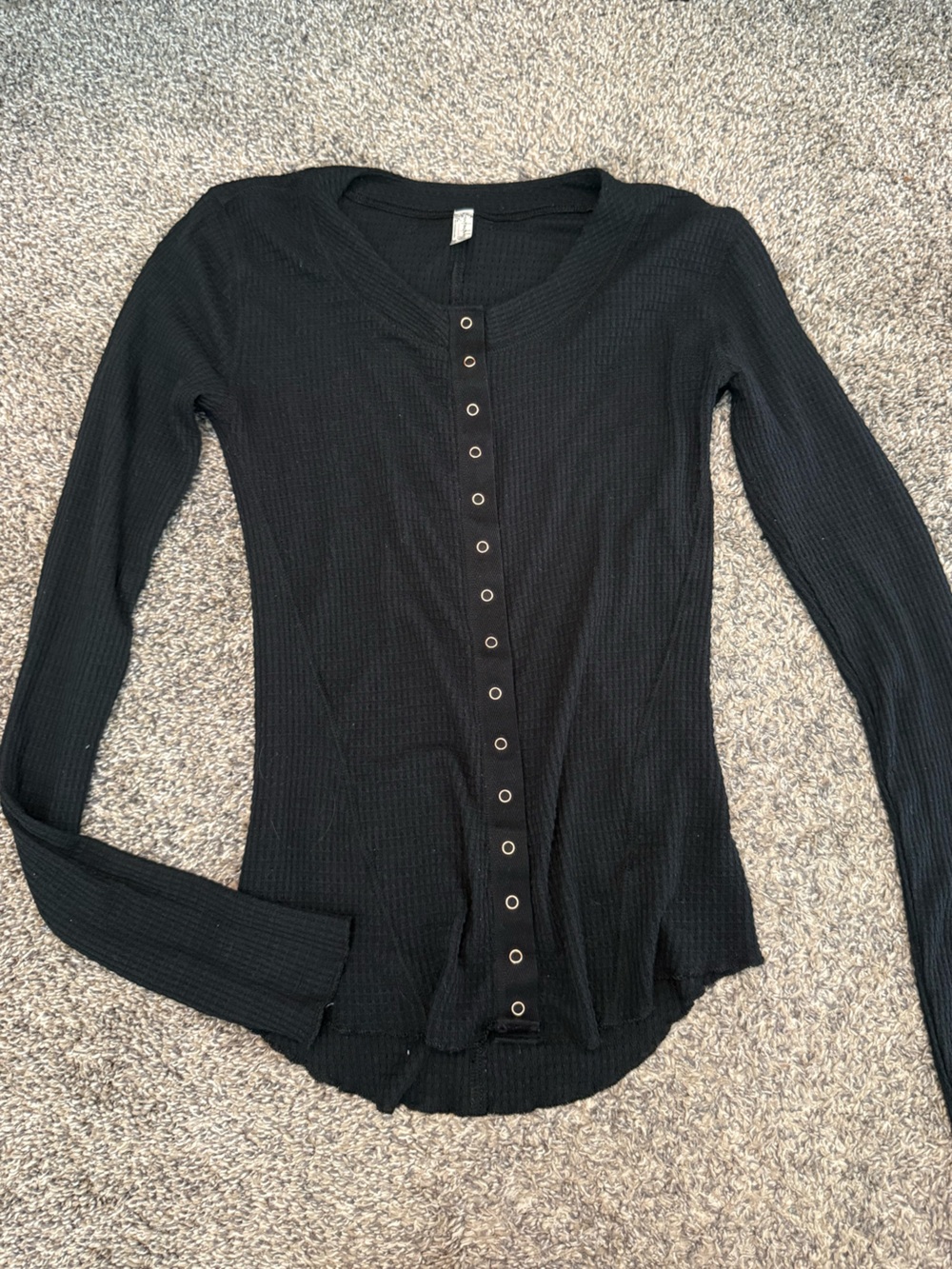 Free People Black Waffle Button-Front Long Sleeve Top